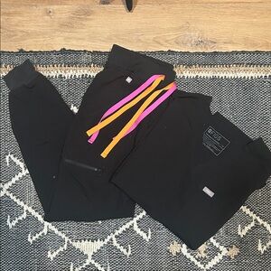 Figs Black 1 pocket top + joggers with Pink and Orange “Dunkin’ Donuts” strings